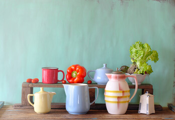 Kitchen and cooking still life with vintage kitchen utensils and vegetables,free copy space