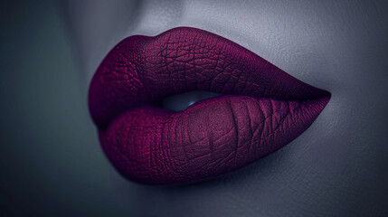 A deep plum lipstick on a muted grey background, ideal for copy. The lipstick has a velvet finish, slightly twisted to reveal its hue.