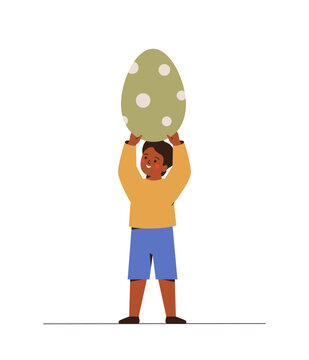 Happy black boy holding big easter egg over the head. Male child celebrating Easter holiday and hunting sweets. Vector illustration