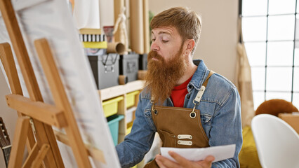 Focused redhead man intensely immersed in drawing at a bustling art studio, a young artist with...