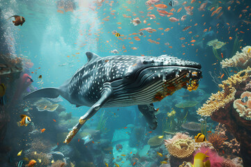A whale rests comfortably in an underwater landscape, surrounded by the beauty and mystery of the sea