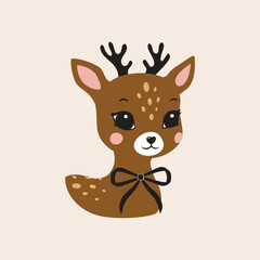 Illustration of cute deer, fawn. Baby, child, cute portrait. Little face, little animal, pet. Brown character, colorful graphic. Stickers, wall art, kids room decoration, cutie full face, small fawn
