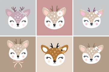 Illustration of cute deer, fawn. Baby, child, cute portrait. Little face, little animal, pet. Brown character, colorful graphic. Stickers, wall art, kids room decoration, cutie full face, small fawn