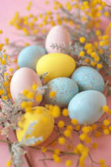 Fototapeta na wymiar Easter composition of colorful eggs and branches. Vertical background for stories.