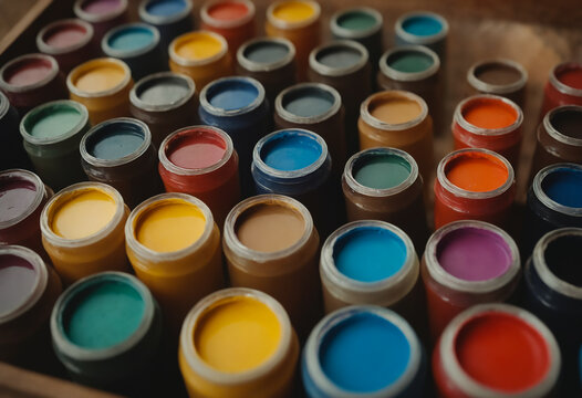 colorful containers of ink bottles for tattoo ink, holi festival, painting, paint eggs for Easter