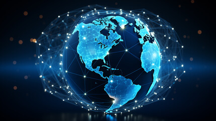 Fototapeta na wymiar Digital globe with luminous continents background image. Highlighting global networks desktop wallpaper picture. Connectivity grid photo backdrop. Planetary tech concept composition
