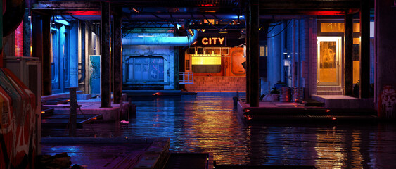 Dark seedy downtown urban area in a futuristic cyberpunk city with underground river. 3D illustration.