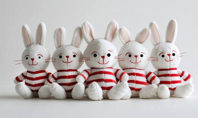 easter bunnies in red white stripes sitting in a row - 739879632
