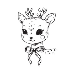 Illustration of cute deer, fawn. Baby, child, cute portrait. Little face, little animal, pet. Brown character, colorful graphic. Stickers, wall art, kids room decoration, cutie full face, small fawn