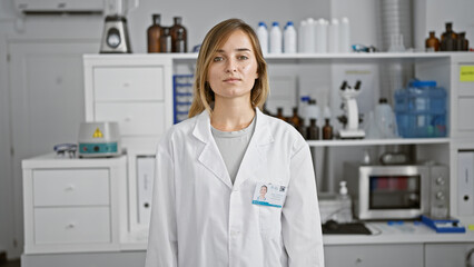 Focused young blonde woman scientist in lab coat standing serious behind microscope, immersed in...