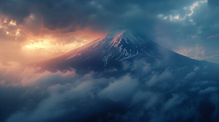 Volcanic peaks pierce the skyline, cloaked in mist and mystery.  - obrazy, fototapety, plakaty