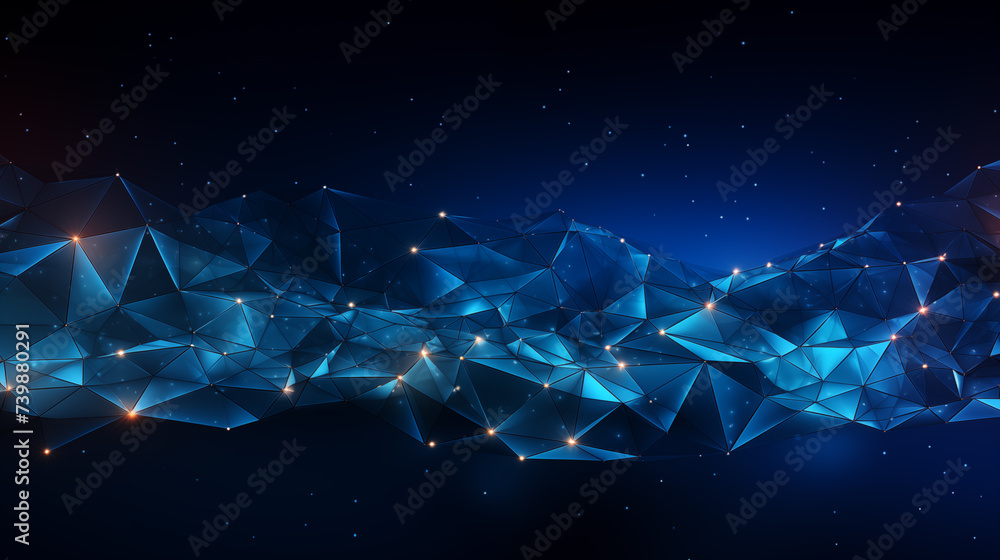 Poster Interlinked nodes and glowing lines background image. Internet technology desktop wallpaper picture. Poly structure photo backdrop. Dark blue abstraction concept composition