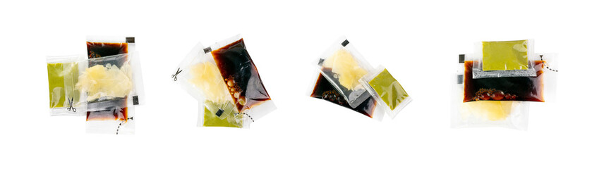 Sushi Sauces Set Isolated with Wasabi Sauce, Pickled Ginger, Soy Souse Teriyaki in Square Plastic...