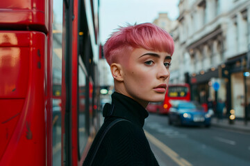 woman with pink hair in London against the background of a red bus