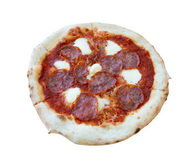 Pepperoni Pizza on Restaurant Plate, Salami Pizza with Olives, Tomatoes and Mozzarella Cheese