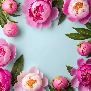 Peony flowers in a frame, highlighted in the background, top view. Mixed flower arrangements. A place to copy. Flowers for Mom. Wedding concept, Mother's Day, beautiful bridal bouquet, Birthday, Valen