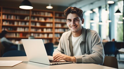 Happy student. Portrait of male student with laptop. Online study concept