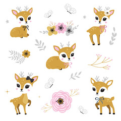 Illustration of cute deer, fawn. Baby, child, cute portrait. Little face, little animal, pet. Brown character, colorful graphic. Stickers, wall art, kids room decoration, cutie full face, small fawn