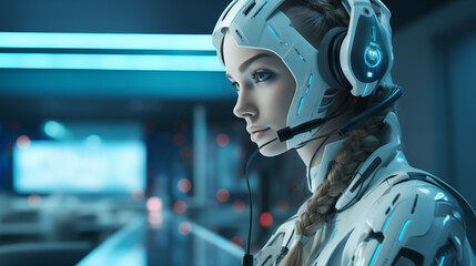 Contemplative female android with headset portrait image. Tech command center photography shot. AI and communication closeup picture photorealistic. Artificial intelligence concept photo