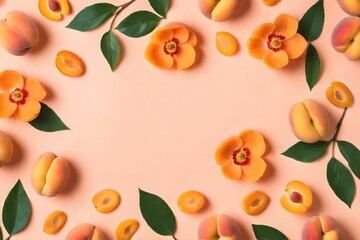 Peaches frame on background. Top view of fresh peaches on background with space for banner text. Heap of fresh, ripe peaches. Space for text