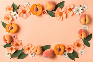 Naklejka na ściany i meble Peaches frame on background. Top view of fresh peaches on background with space for banner text. Heap of fresh, ripe peaches. Space for text