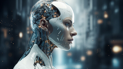 Sleek female robot profile with internal wiring visible portrait image. Mechanical background copy space. Complexity of AI design closeup picture. Artificial intelligence concept photo - obrazy, fototapety, plakaty