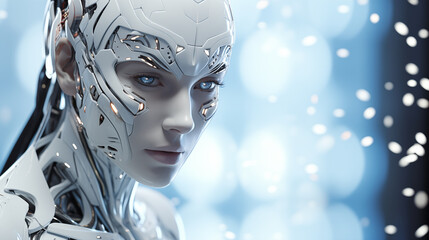 Close-up female android face with intricate cybernetic details portrait image. Artistry in robotic design photography. Cyber beauty closeup picture. Artificial intelligence concept photo