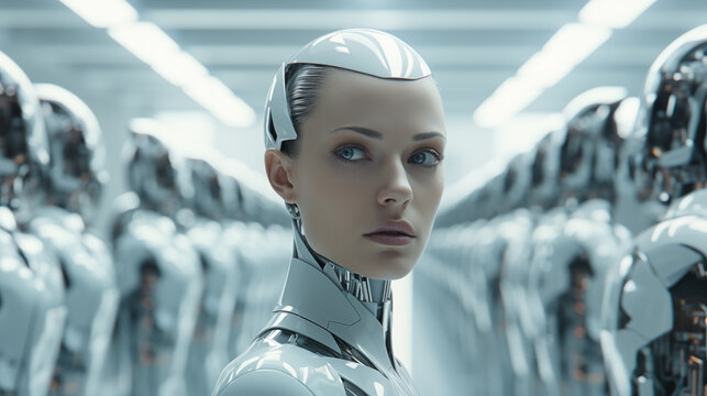 Pristine female robot stands out in robotic assembly portrait image. Advanced cognitive processing. Cyborg piercing blue eyes closeup picture. Artificial intelligence concept photo