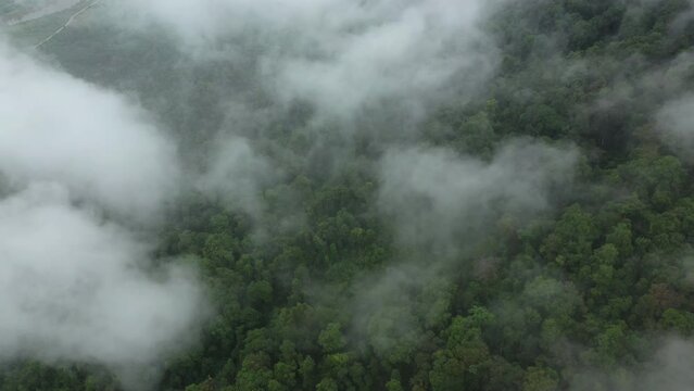 Clouds over mountains and lush tropical jungle in Asia, Laos, Khammouane, towards Thakek, on a cloudy day.