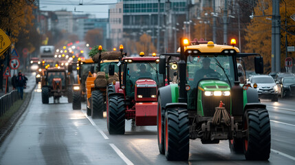 Many tractors blocked city streets and caused traffic, generative ai - obrazy, fototapety, plakaty