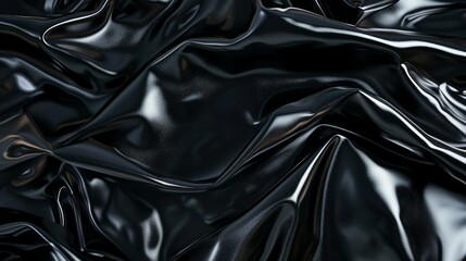 Waves of shiny solution in black, slippery shiny fabric 3d realistic background in black. Metal, plastic-themed background. Created with Generative AI.