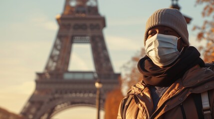 Man wearing a medical mask, standing in front of eiffel tower