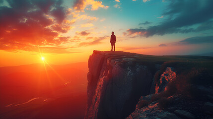 Man standing on top of cliff at sunset show backside, generative ai