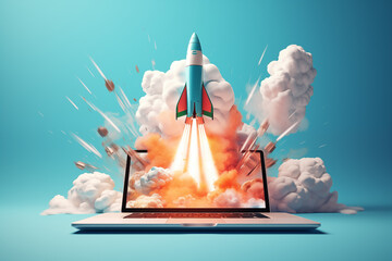 a rocket with smoke flying out of the laptop