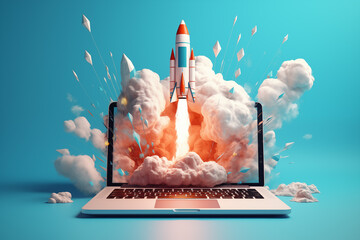 a rocket with smoke flying out of the laptop - obrazy, fototapety, plakaty