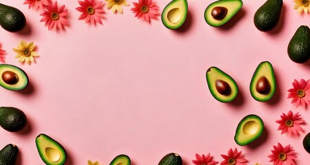 Avocado frame on background. Top view of fresh avocados on background with space for banner text. Heap of fresh, ripe avocado. Space for text
