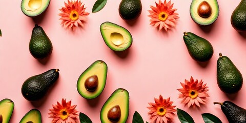 Avocado frame on background. Top view of fresh avocados on background with space for banner text. Heap of fresh, ripe avocado. Space for text