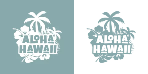 Fototapeten Logo vacaciones en Hawái. Mensaje aloha Hawaii con letras estilo hawaiano con silueta de plantas tropicales © teracreonte