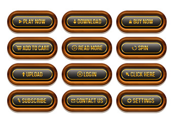 Buttons for web design. Black buttons in a wooden frame with gold letters. Set of vector 3D buttons.