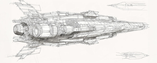 Rough draft hand drawn style space ship design, Ai generated.