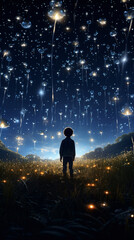Child silhouette against a starry night sky with falling lights