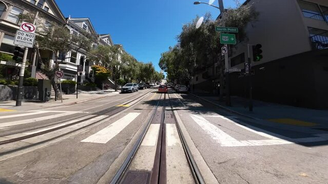 San Francisco Cable Car Hyde St 02 Front View at North Point St Driving Plate California USA Ultra Wide