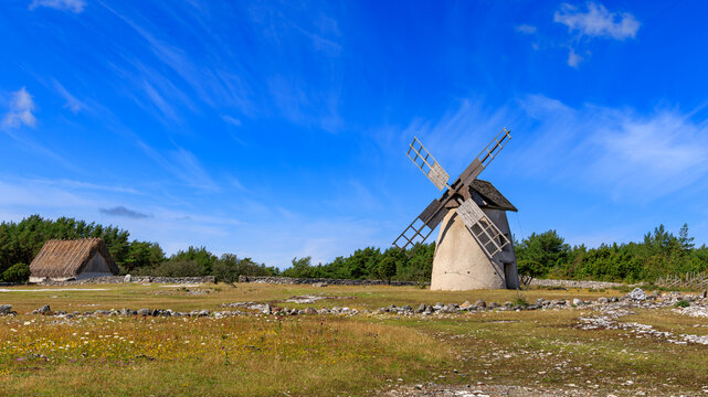 Typical windmill and a barn with thatched roof on the island of Faro, Gotland