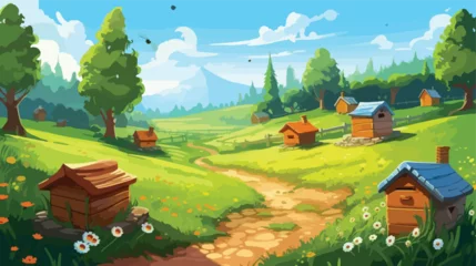 Poster Cartoon summer nature scene with hives  © Vector