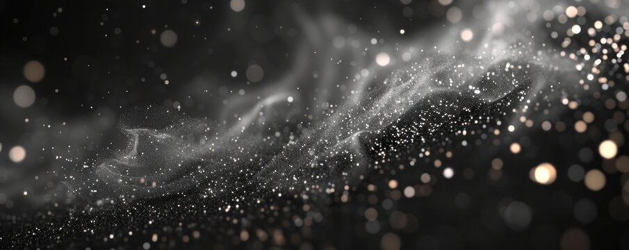 Glitter and shimmery flashes, Moving magic on a black background, Gray smoke particles