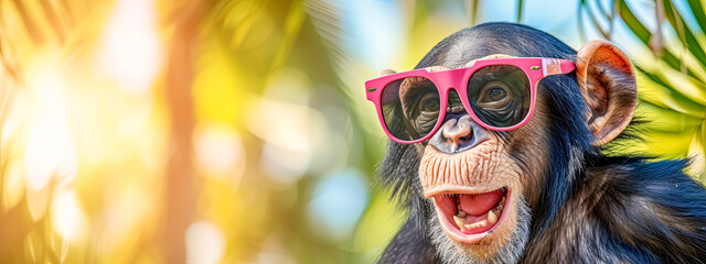 A primate with pink sunglasses is perched on a tree branch, copy space  - obrazy, fototapety, plakaty