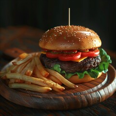 Delicious hamburger on a wooden plate 
