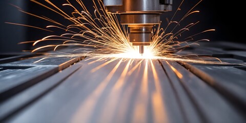 Laser CNC cutting of metal with light spark, technology modern industrial banner background - obrazy, fototapety, plakaty
