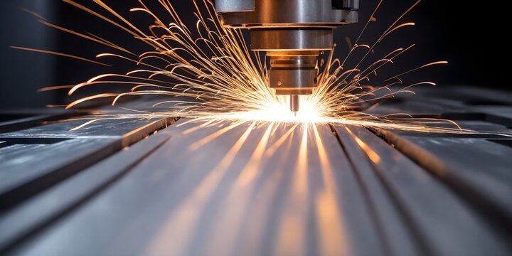 Laser CNC cutting of metal with light spark, technology modern industrial banner background