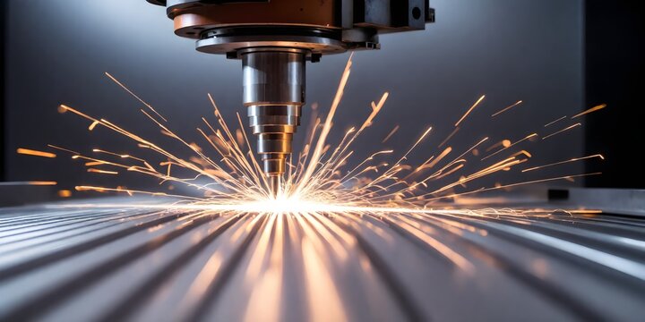 Laser CNC cutting of metal with light spark, technology modern industrial banner background